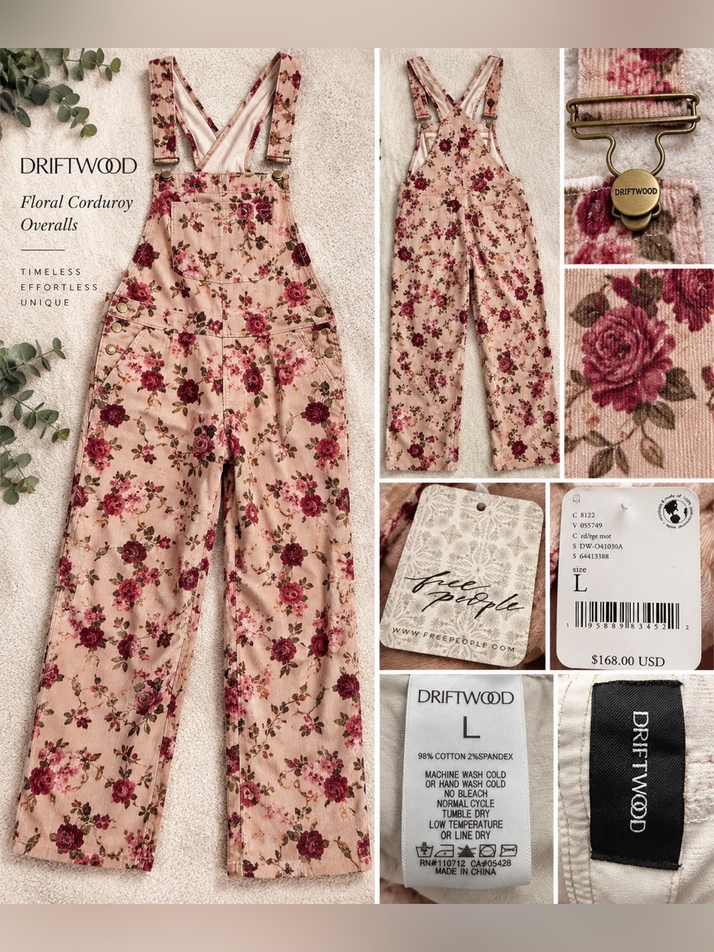 Driftwood x Free People Floral Corduroy Overalls Pink Burgundy Roses nwt L